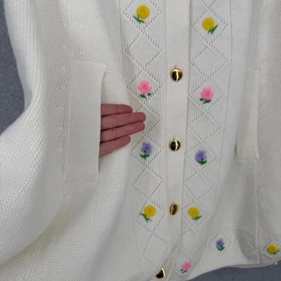 Knit Fashion VTG 50s Knit Cape Poncho One Size White Floral Embroidered Cottage - Picture 4 of 11